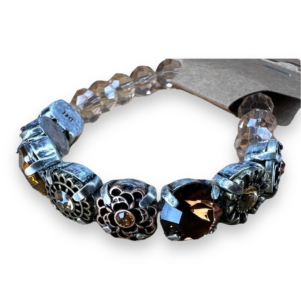 BEADED BRACELET SILVER BROWN BEIGE STRETCH GEM BOHO